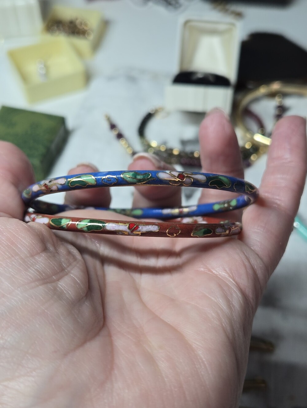 Cloisonné Enamel Floral Bangles - Blue & Brown Set